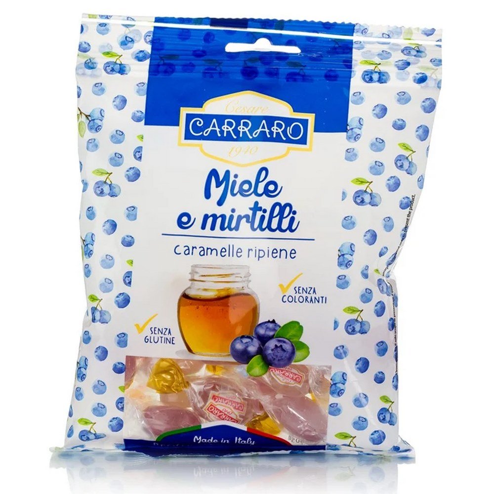 Carraro Caramelle Miele E Mirtilli Καραμέλες Για Το Λαιμό Με Μέλι & Μύρτιλλο, 100gr