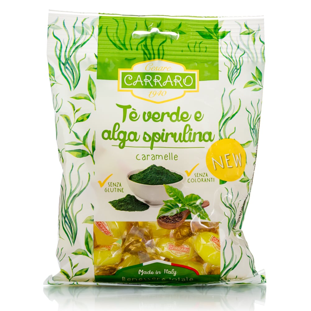 Carraro Caramellee Verde e Alga Spirulina Καραμέλες για το Λαιμό με Πράσινο Τσάι & Σπιρουλίνα, 100gr