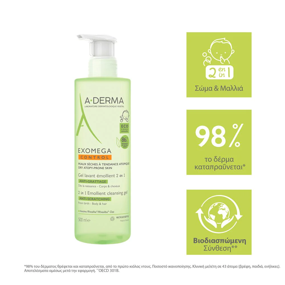 A-Derma Exomega Control Emollient Μαλακτικό Ζελ Καθαρισμού 2 σε 1 κατά του Αισθήματος Κνησμού, 500ml A-Derma Exomega Control Emollient Μαλακτικό Ζελ Καθαρισμού 2 σε 1 κατά του Αισθήματος Κνησμού, 500ml