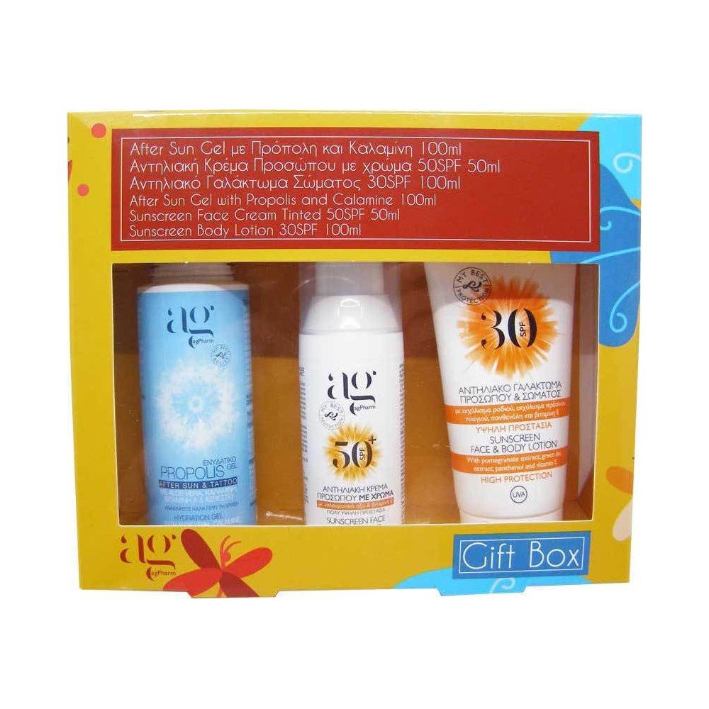 AG Pharm Gift Box Propolis Gel After Sun & Tattoo 100ml Sunscreen Face SPF50+ Tinted 50ml & Sunscreen Body Lotion SPF30 100ml