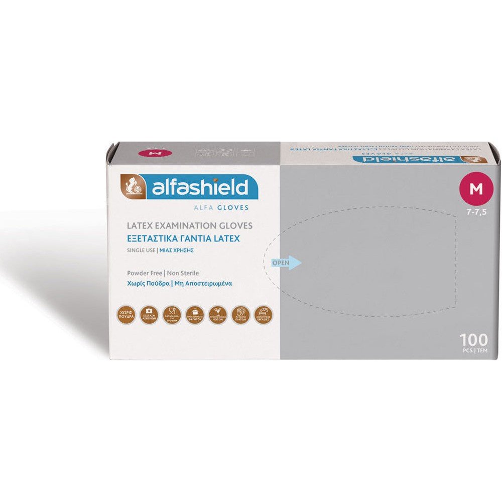 AlfaShield Latex Gloves - Γάντια Latex μίας χρήσης Χωρίς Πούδρα 100τμχ