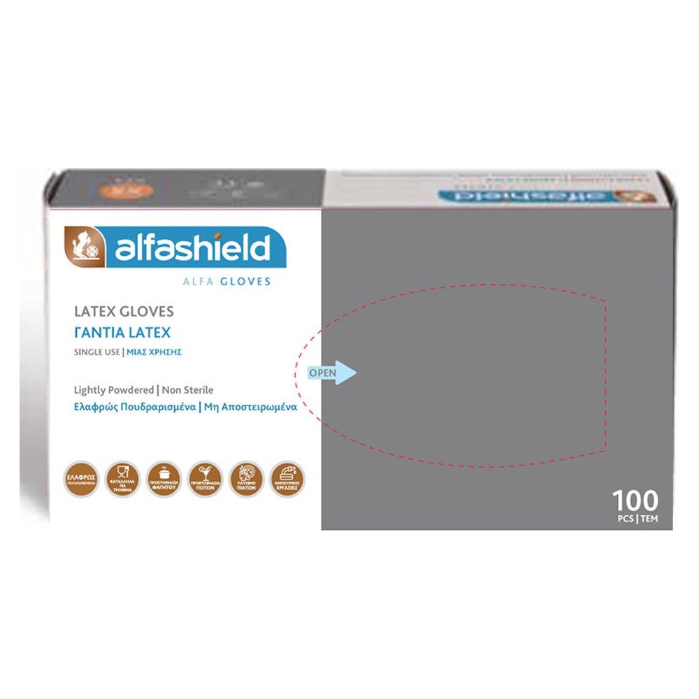 AlfaShield Latex Gloves - Γάντια Latex μίας χρήσης Ελαφρώς Πουδραρισμένα 100τμχ