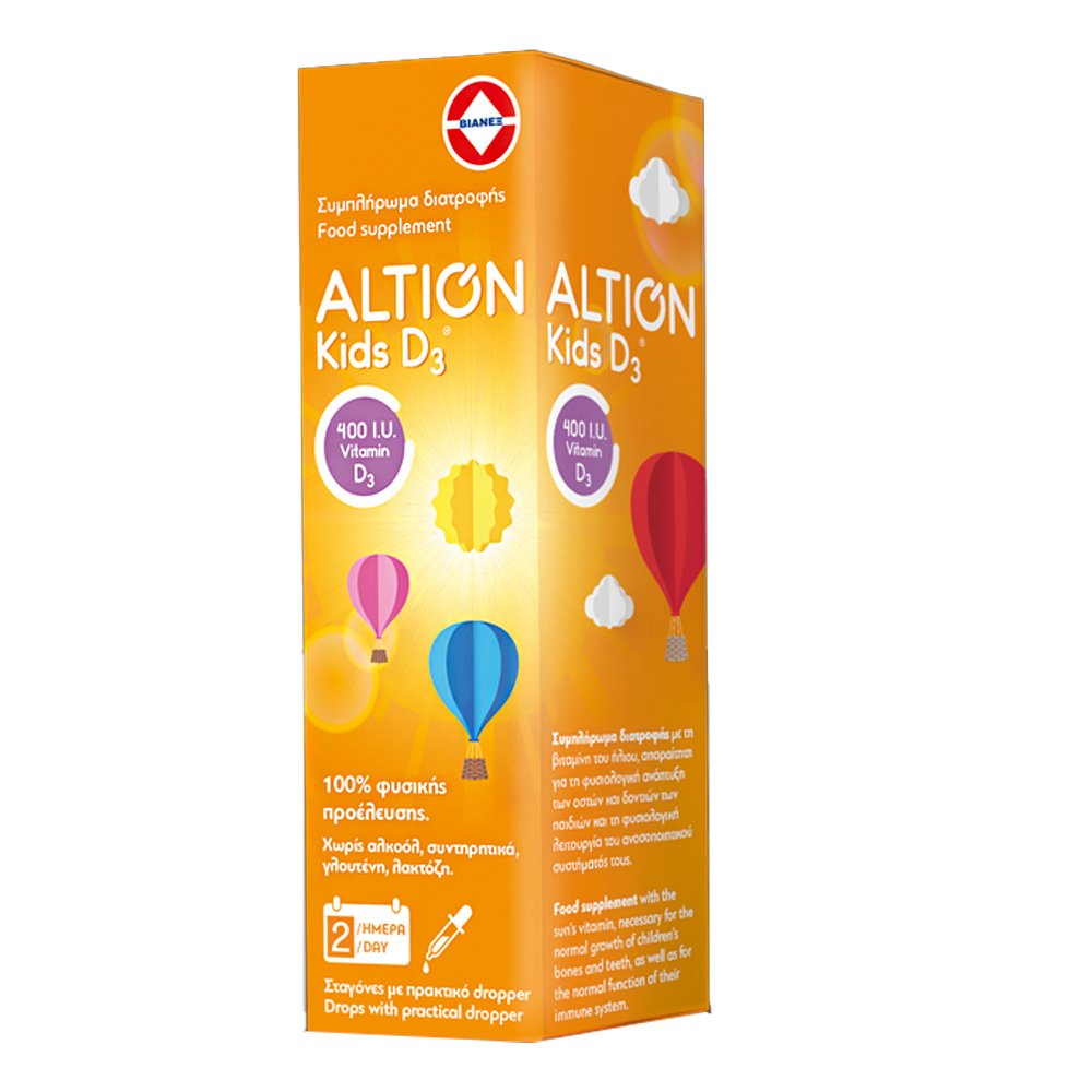 Altion Kids D3 400IU Συμπλήρωμα Διατροφής με Βιταμίνη D3 για Βρέφη & Παιδιά για Σωστή Ανάπτυξη των Οστών & των Δοντιών Φυσιολογική Λειτουργία του Ανοσοποιητικού Συστήματος, 20ml