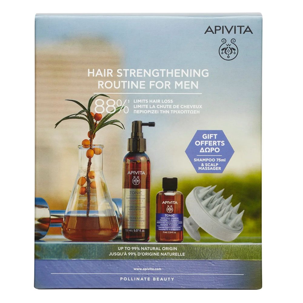 Apivita Promo Set Ρουτίνα Ενδυνάμωσης Μαλλιών για Άνδρες Λοσιόν κατά της Τριχόπτωσης, 150ml & Δώρο Τονωτικό Σαμπουάν, 75ml & Βούρτσα Μασάζ Κεφαλής, 1τμχ