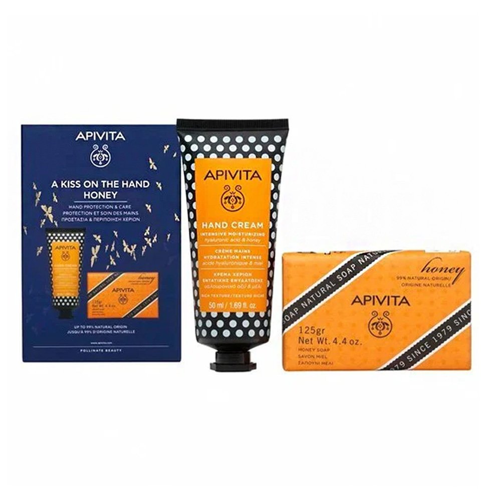 Apivita Promo A Kiss On The Hand Honey Κρέμα Χεριών Για Ενυδάτωση Πλούσιας Υφής, 50ml & Φυσικό Σαπούνι Μέλι, 125gr & Μπλέ Νεσεσέρ