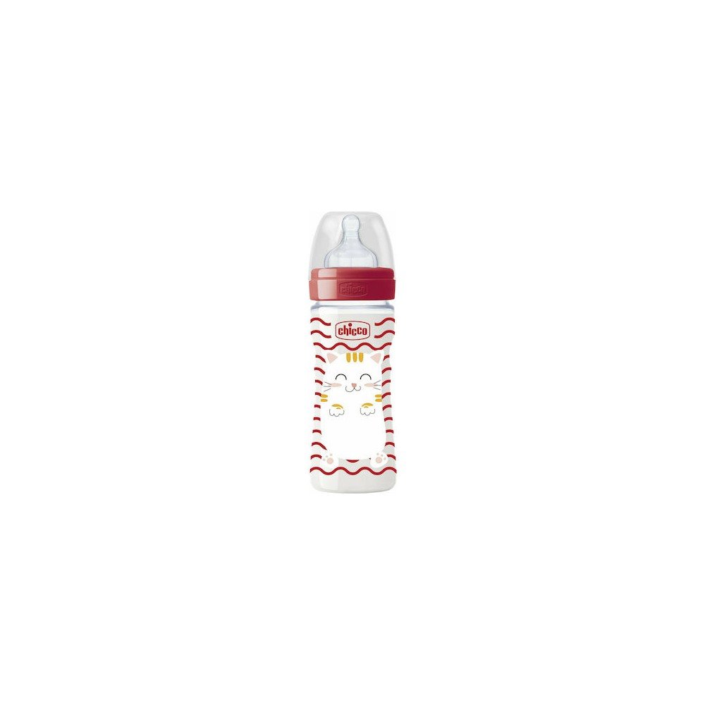 Chicco Well-Being Pop Friends 2m+ Πλαστικό Μπιμπερό με Θήλη Σιλικόνης, 250ml - Κόκκινο