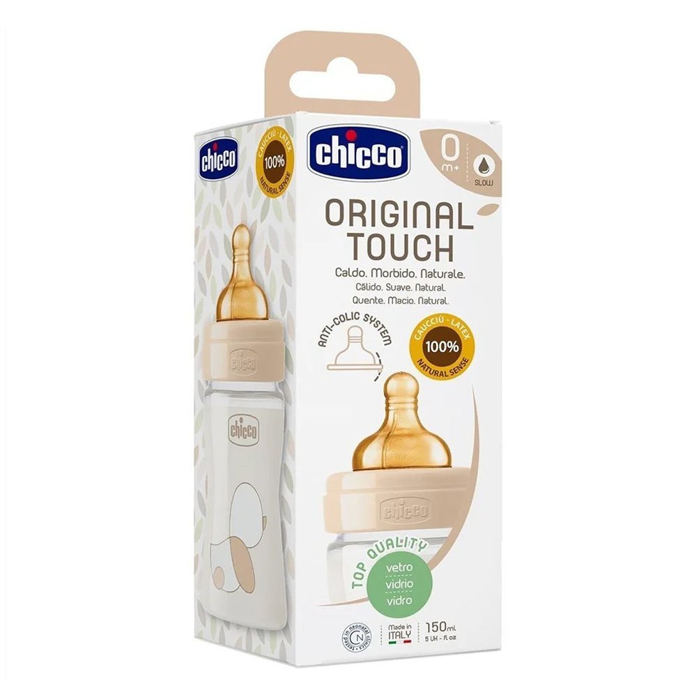 Chicco Original Touch Γυάλινο Μπιμπερό με Θηλή Καουτσούκ 0m+, 150ml