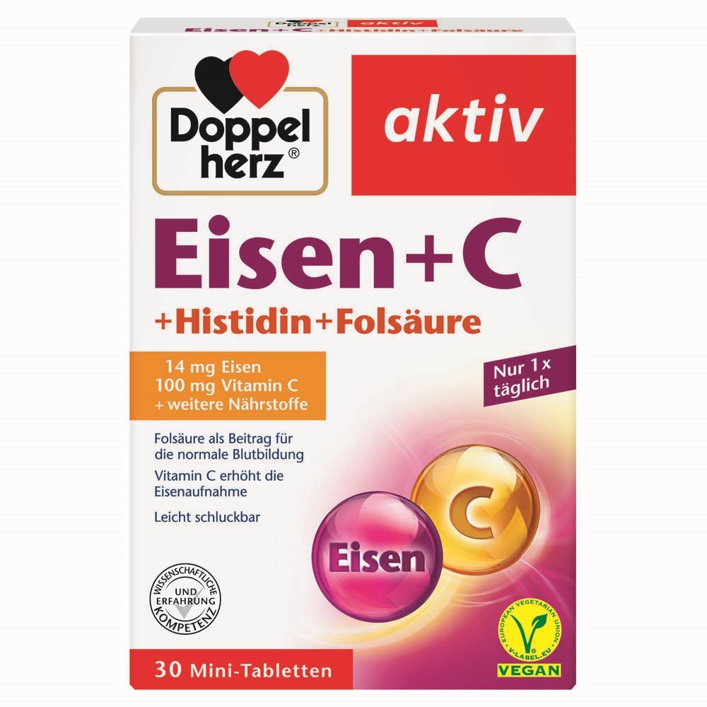 Doppelherz Aktiv Eisen + C Συμπλήρωμα Διατροφής με Σι΄δερο, Ιστιδίνη και Βιταμίνες C, B9 & B12, 30 δισκία