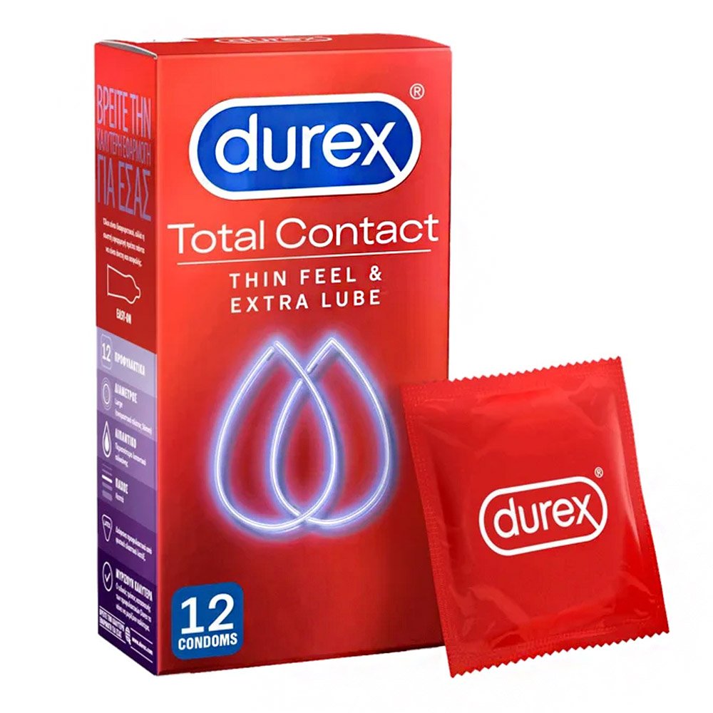Durex Total Contact Thin Feel & Extra Lube Εξαιρετικά Λεπτά Προφυλακτικά με Επιπλέον Λίπανση, 12τεμ