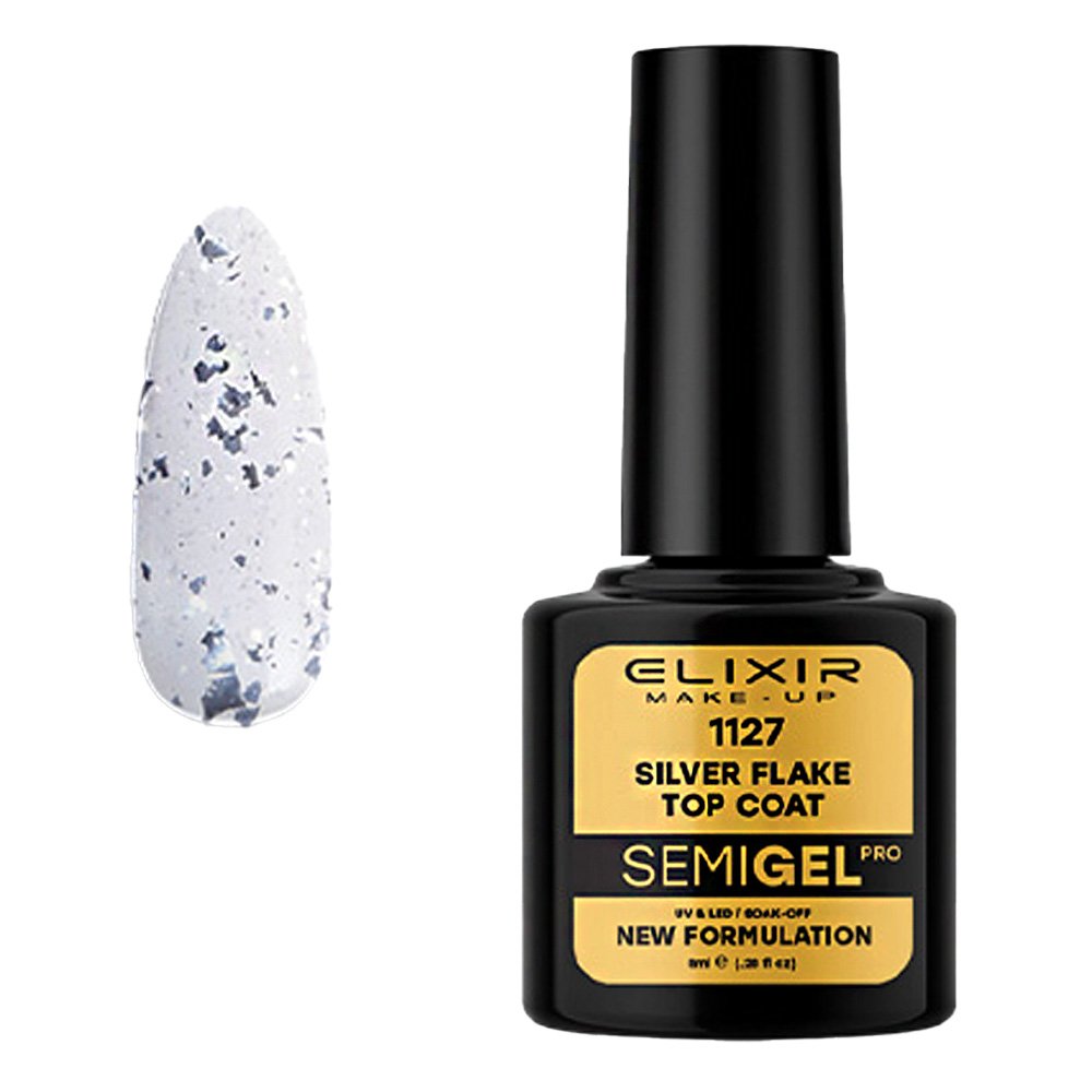 Elixir Make-up Semi Gel Ημιμόνιμο Επαγγελματικό Βερνίκι Νυχιών Νο1127 Silver Flake Top Coat, 8ml