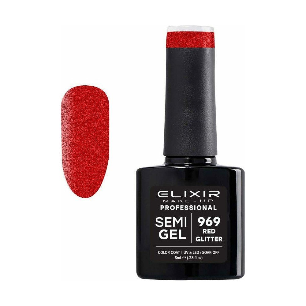 Elixir Make-up Semi Gel Ημιμόνιμο Επαγγελματικό Βερνίκι Νυχιών Νο969 Red Glitter, 8ml
