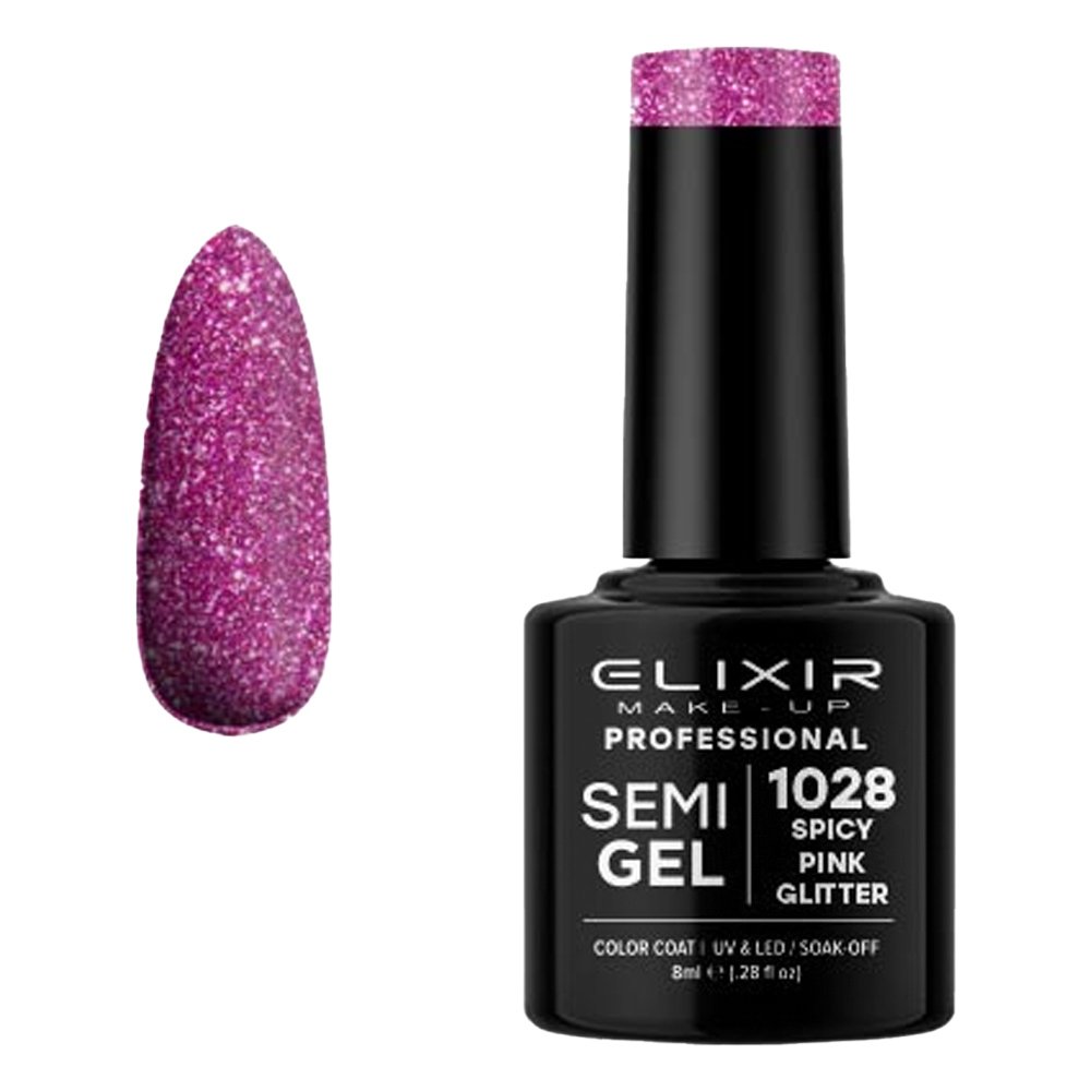 Elixir Make-up Semi Gel Ημιμόνιμο Επαγγελματικό Βερνίκι Νυχιών Νο1028 Spicy Pink Glitter, 8ml
