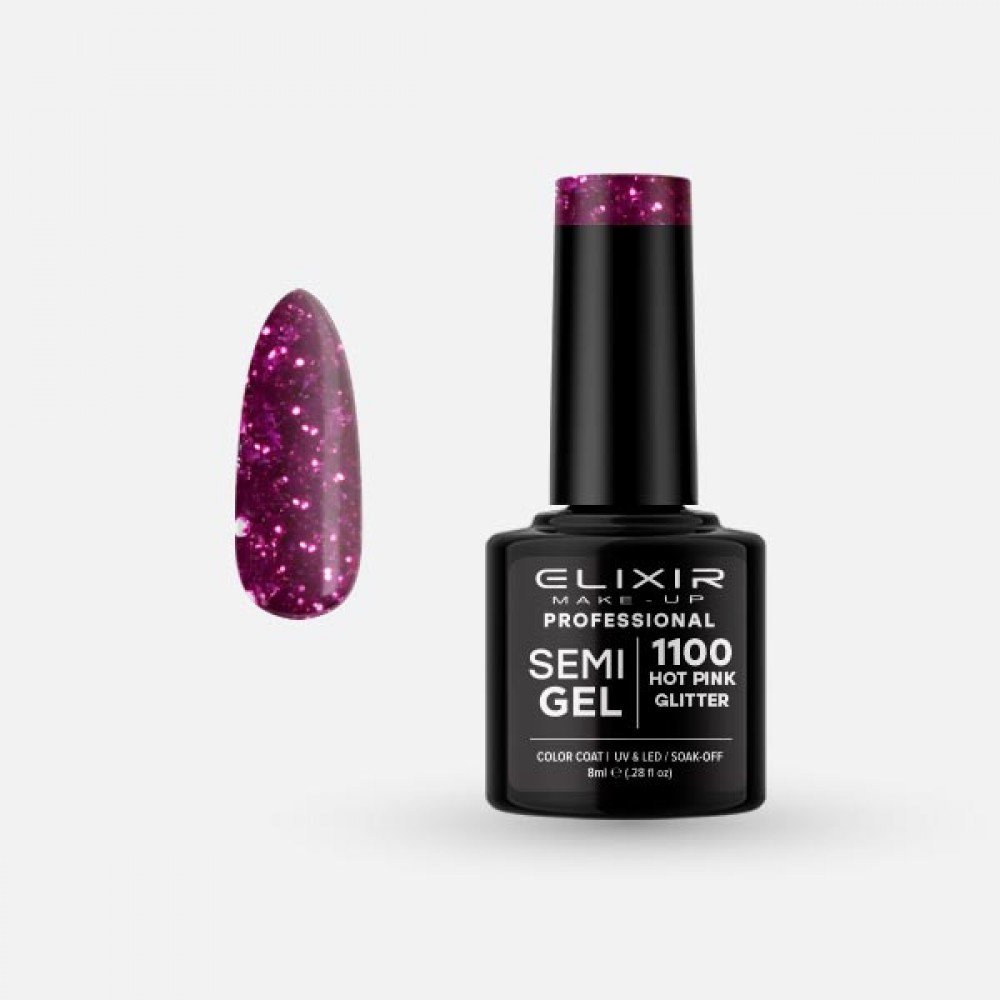 Elixir Make-up Semi Gel Ημιμόνιμο Επαγγελματικό Βερνίκι Νυχιών Νο1100 Hot Pink Glitter, 8ml