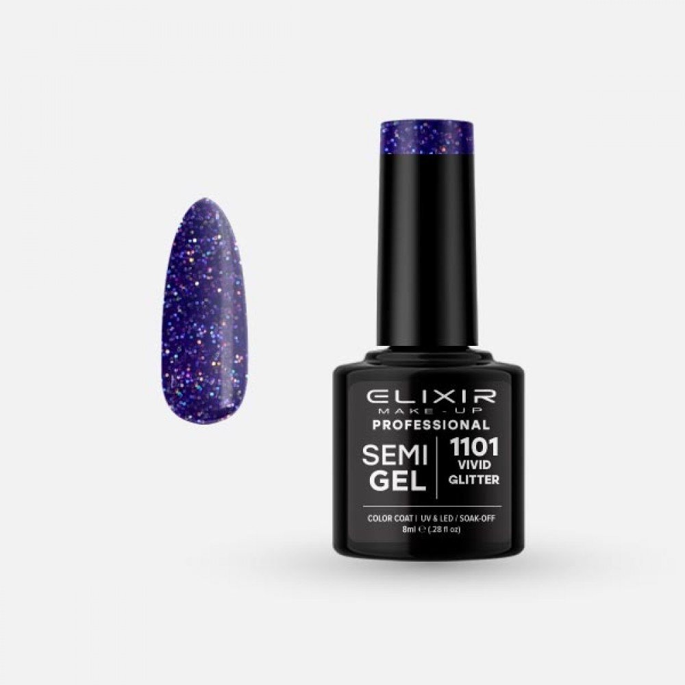Elixir Make-up Semi Gel Ημιμόνιμο Επαγγελματικό Βερνίκι Νυχιών Νο1101 Vivid Glitter, 8ml