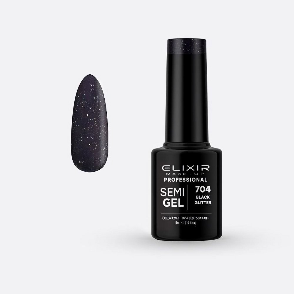 Elixir Make-up Semi Gel Ημιμόνιμο Επαγγελματικό Βερνίκι Νυχιών Νο704 Black Glitter, 8ml