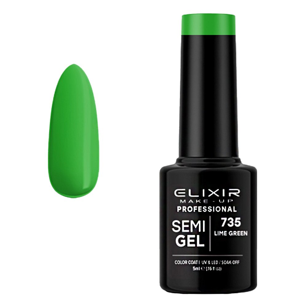 Elixir Make-up Semi Gel Ημιμόνιμο Επαγγελματικό Βερνίκι Νυχιών Νο735 Lime Green, 5ml