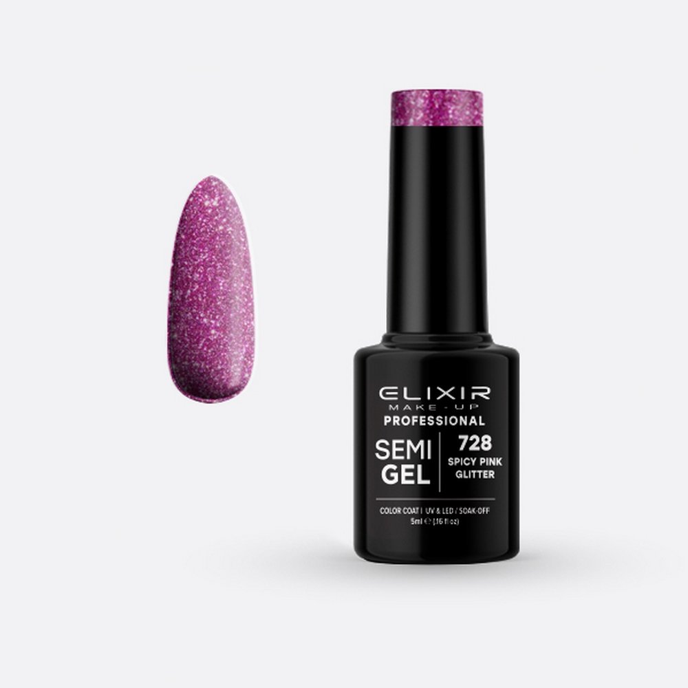 Elixir Make-up Semi Gel Ημιμόνιμο Επαγγελματικό Βερνίκι Νυχιών Νο728 Spicy Pink Glitter, 5ml