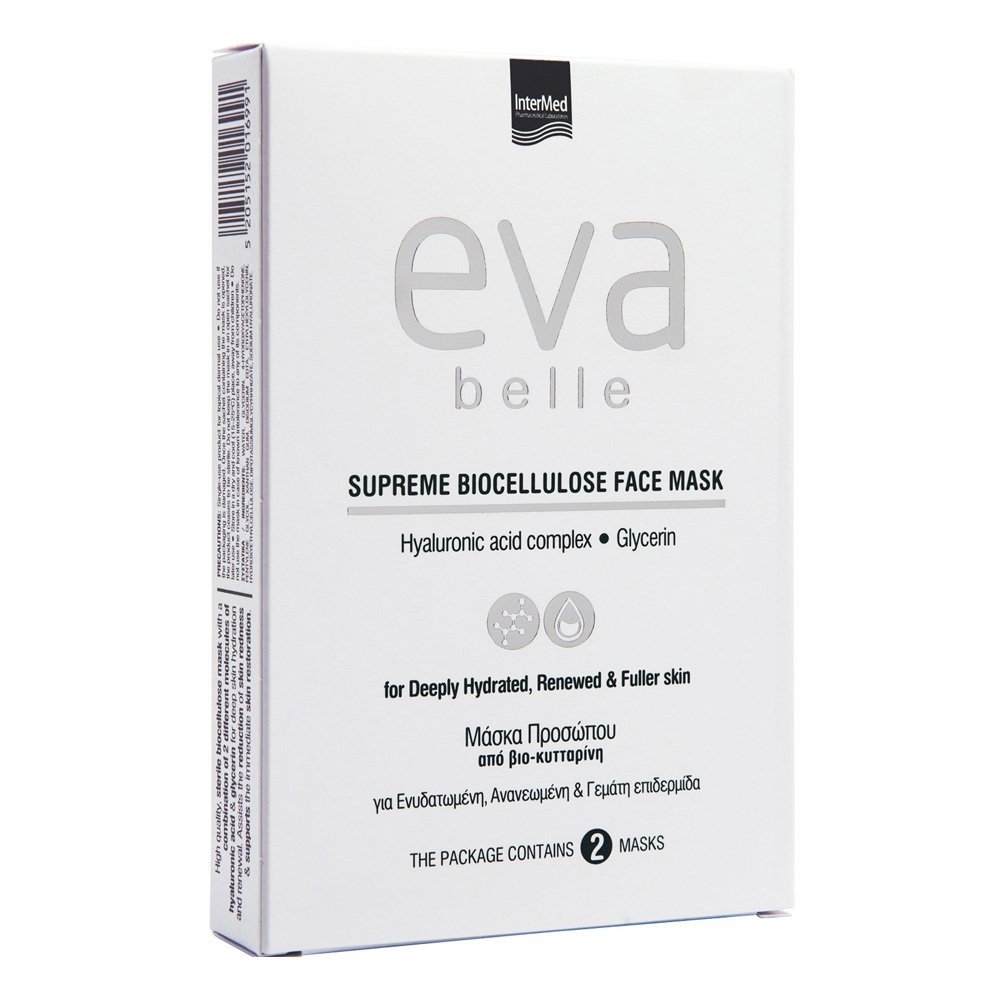 Intermed Eva Belle Supreme Biocellulose Face Mask Μάσκα Προσώπου με Υαλουρονικό Οξύ & Γλυκερίνη, 2x15ml