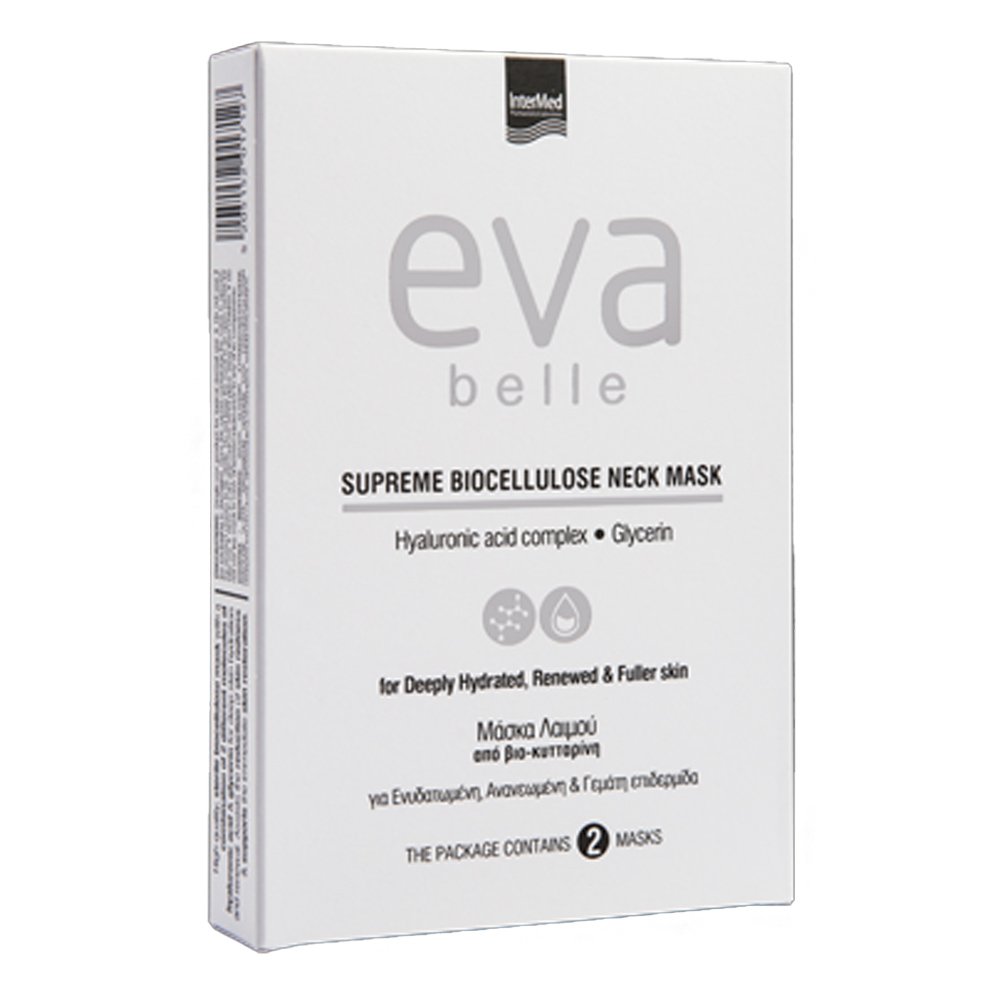 Intermed Eva Belle Supreme Biocellulose Neck Mask Μάσκα Λαιμού με Υαλουρονικό Οξύ & Γλυκερίνη, 2x15ml