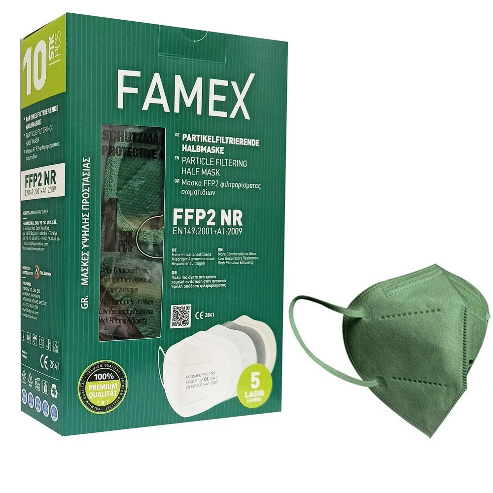 Famex Mask Μάσκες Προστασίας μιας Χρήσης FFP2 KN95 Σκούρο Πράσινο, 10τμχ