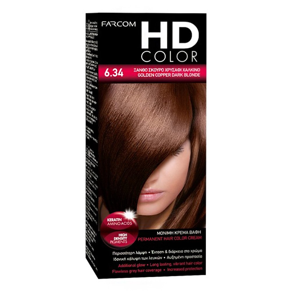 Farcom Βαφή Μαλλιών HD Color No 6.34 Ξανθό Σκούρο Χρυσαφί Χάλκινο, 60ml