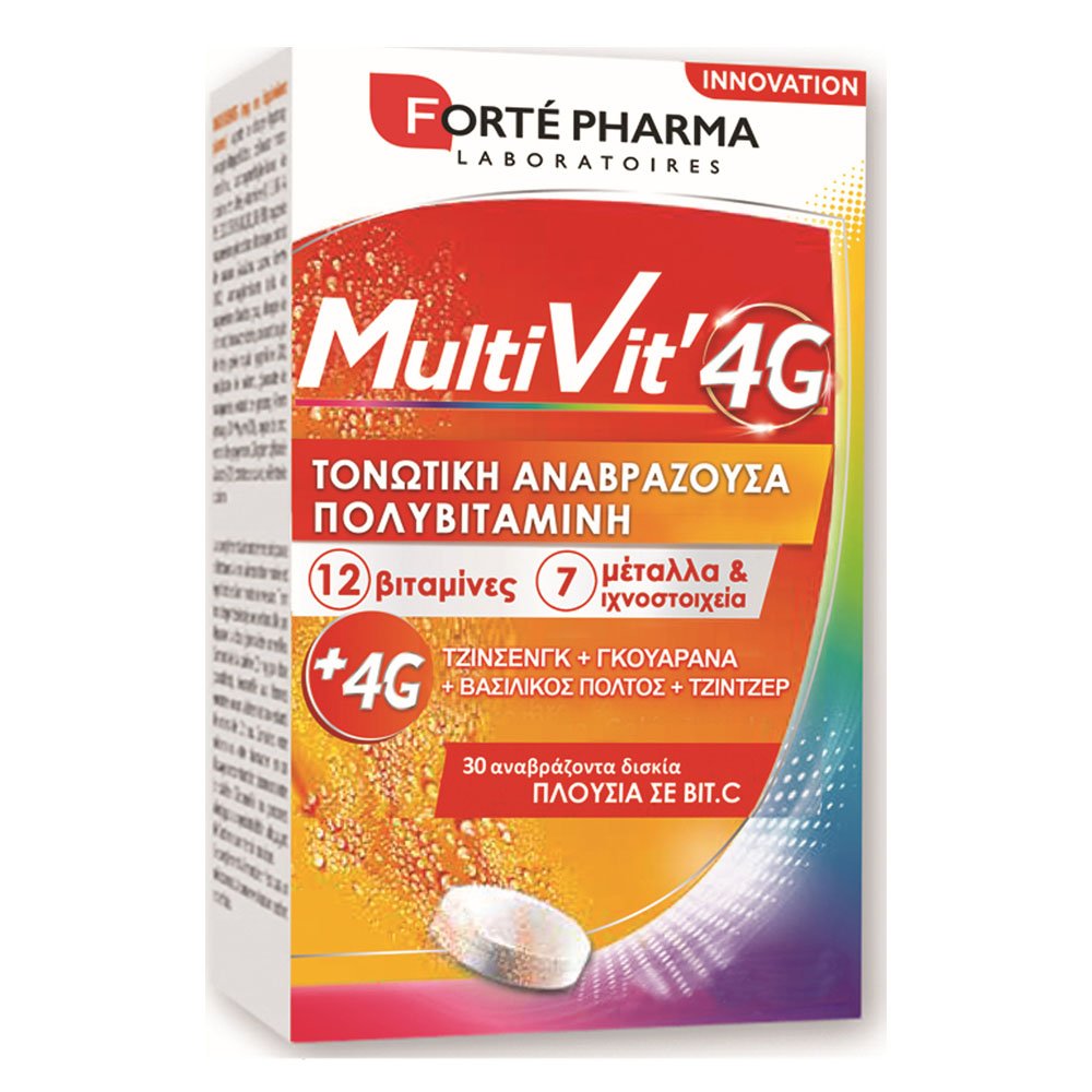 Forte Pharma MultiVit 4G Πολυβιταμίνη με Τονωτικά Φυτά & Βασιλικό Πολτό για Ενέργεια, Τόνωση & Ενίσχυση Ανοσοποιητικού, 30 Αναβράζον Δισκία