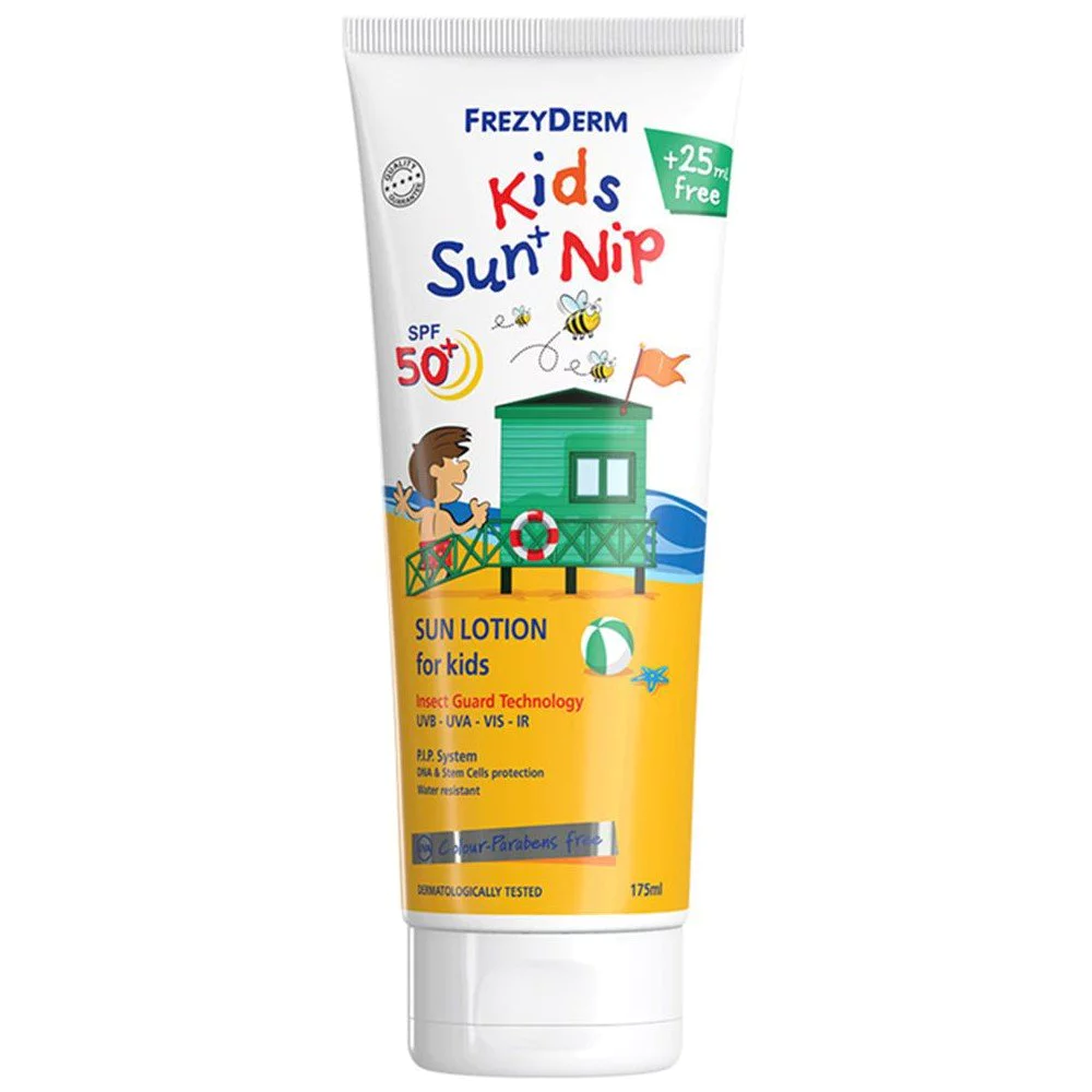 Frezyderm Kids Sun + Nip SPF50+ Παιδικό Αντιηλιακό Γαλάκτωμα για Πρόσωπο & Σώμα με Εντομοαπωθητικές Ιδιότητες, 175ml