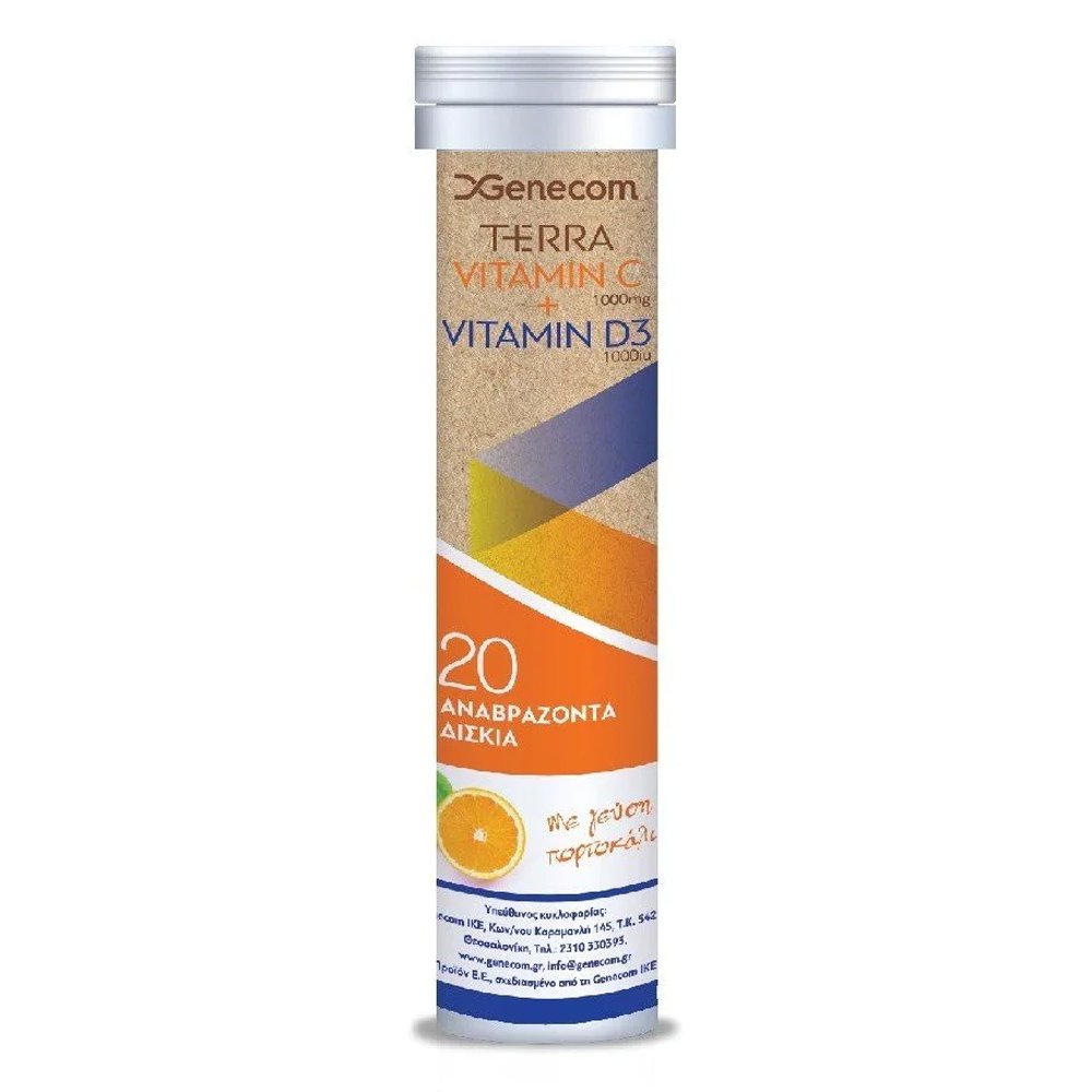 Genecom Terra Vitamin C + Vitamin D3 Συμπλήρωμα Διατροφής με Γεύση Πορτοκάλι, 20 Αναβράζοντα Δισκία