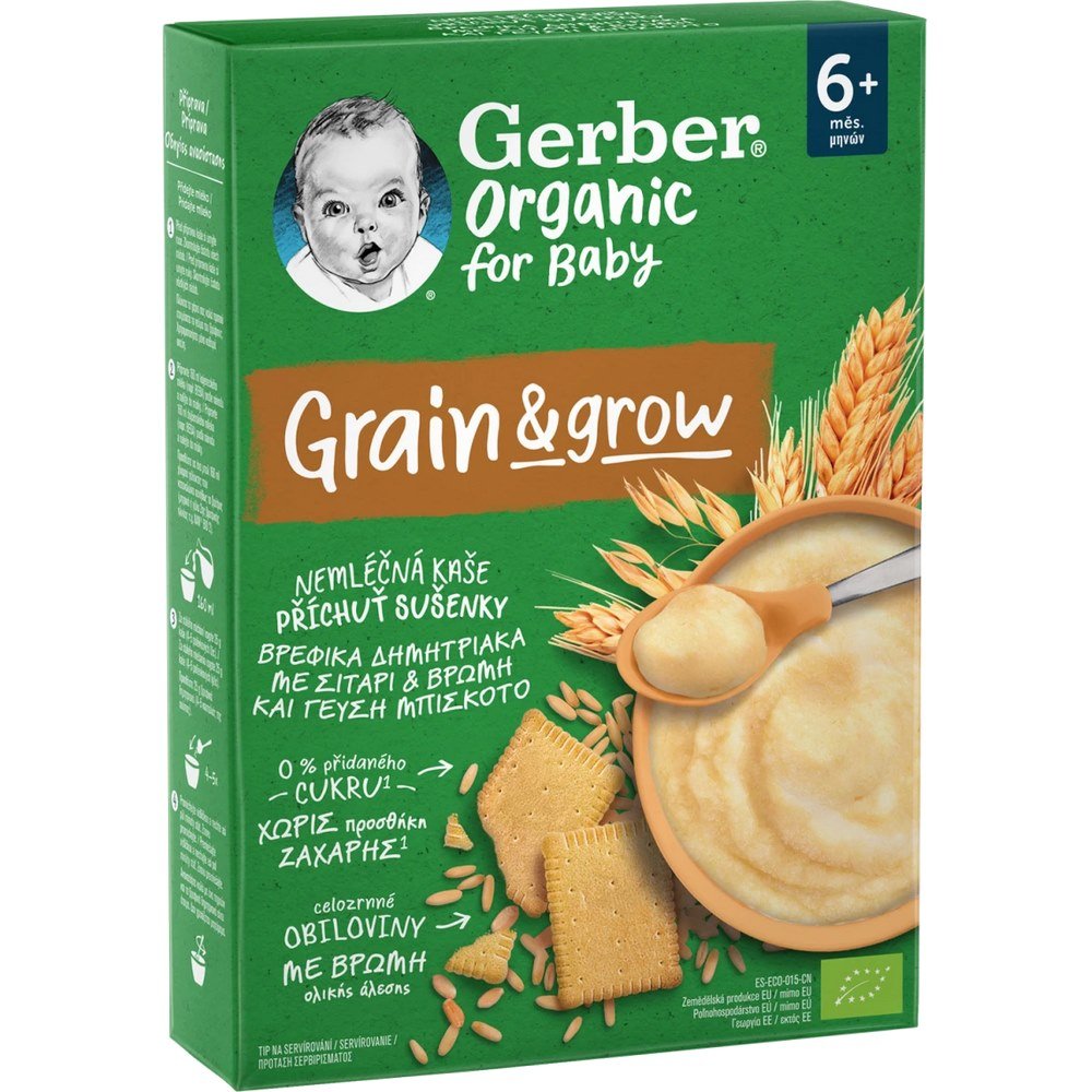 Gerber Organic Grain & Grow Βρεφικά Δημητριακά Με Σιτάρι & Βρώμη Και Γεύση Μπισκότο 6m+, 200gr
