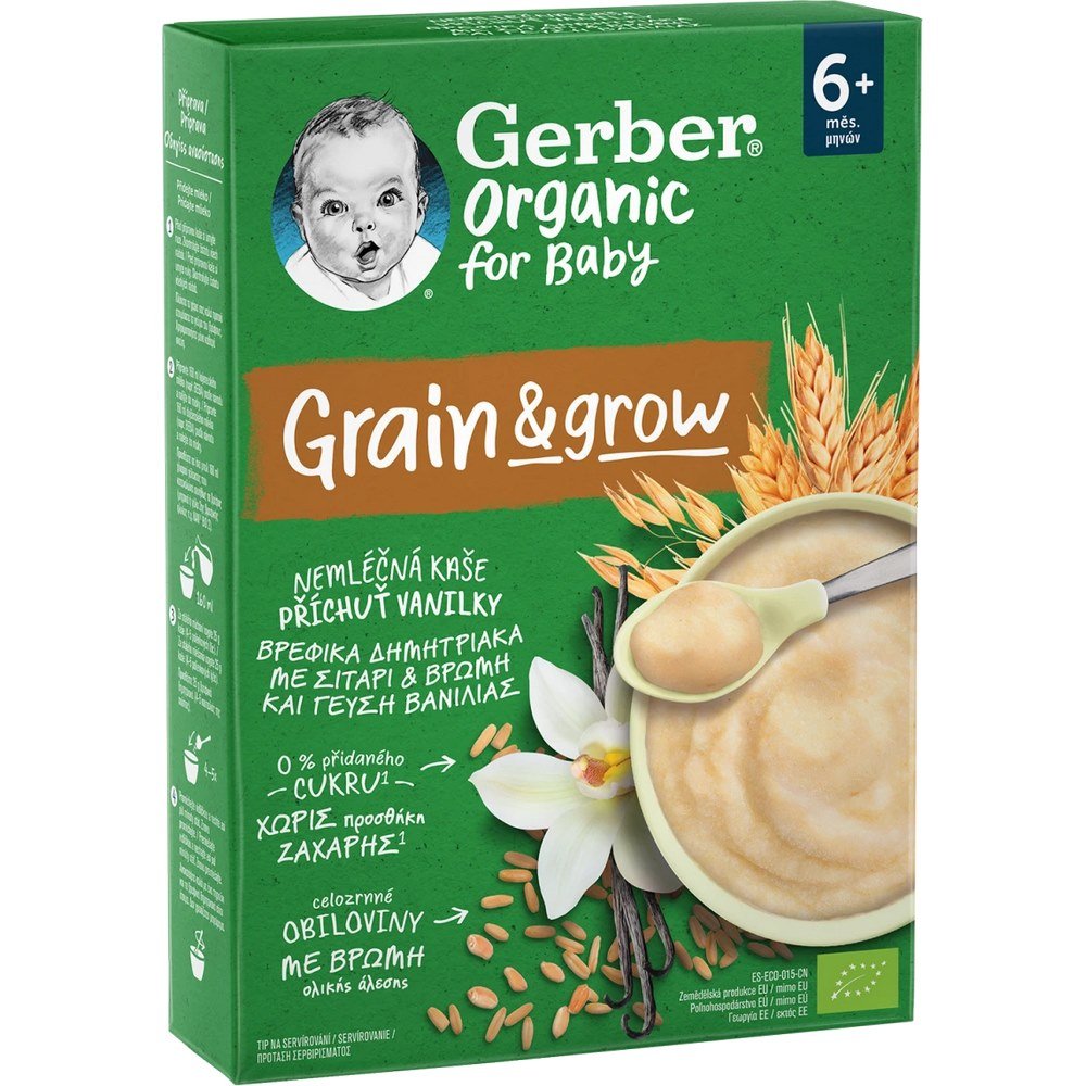Gerber Organic Grain & Grow Βρεφικά Δημητριακά Με Σιτάρι & Βρώμη Και Γεύση Βανίλιας 6m+, 200gr