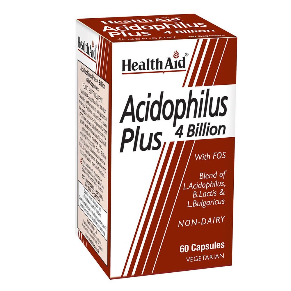 Health Aid Acidophilus Plus 4Billion Συμπλήρωμα Διατροφής Προβιοτικών 4δις με (FOS), Ιδανικό Μείγμα Τριών Διαφορετικών Προβιοτικών, 60caps