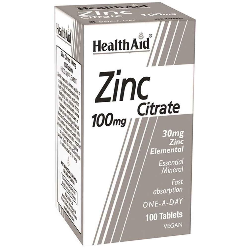Health Aid Zinc Citrate 100mg Συμπλήρωμα Διατροφής με Ψευδάργυρο για τη Φυσιολογική Λειτουργία του Ανοσοποιητικού, 100tabs