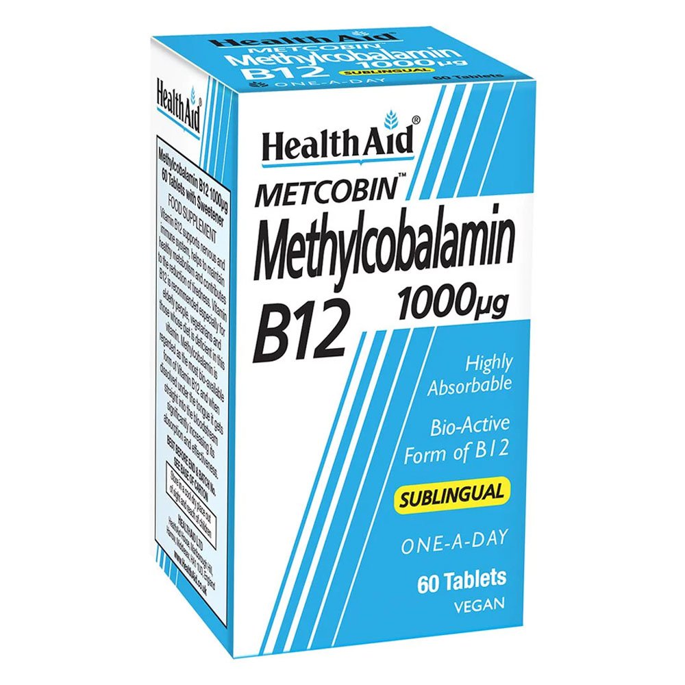 Health Aid Metcobin Methylcobalamin B12 1000μg Συμπλήρωμα Διατροφής Βιταμίνης Β12 σε Υπογλώσσια Δισκία με Γεύση Φραγκοστάφυλο, 60tabs