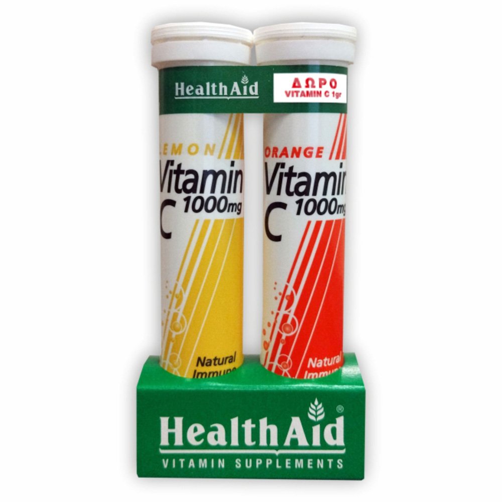 Health Aid Vitamin C 1000mg Λεμόνι & Vitamin C 1000mg Πορτοκάλι, 2x20eff.tabs (1+1Δώρο)