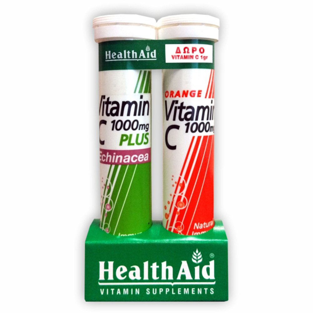 Health Aid Vitamin C 1000mg plus Echinacea & Vitamin C 1000mg με Γεύση Πορτοκάλι, 2x20 eff.tabs (1+1 Δώρο)