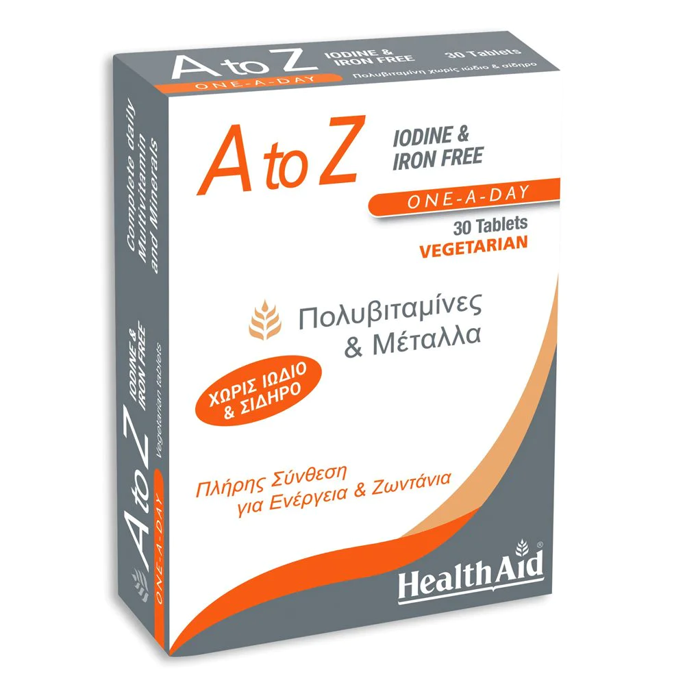 Health Aid A to Z Πολυβιταμίνες & Μέταλλα Χωρίς Ιώδιο & Σίδηρο, 30 Ταμπλέτες Health Aid A to Z Πολυβιταμίνες & Μέταλλα Χωρίς Ιώδιο & Σίδηρο, 30 Ταμπλέτες
