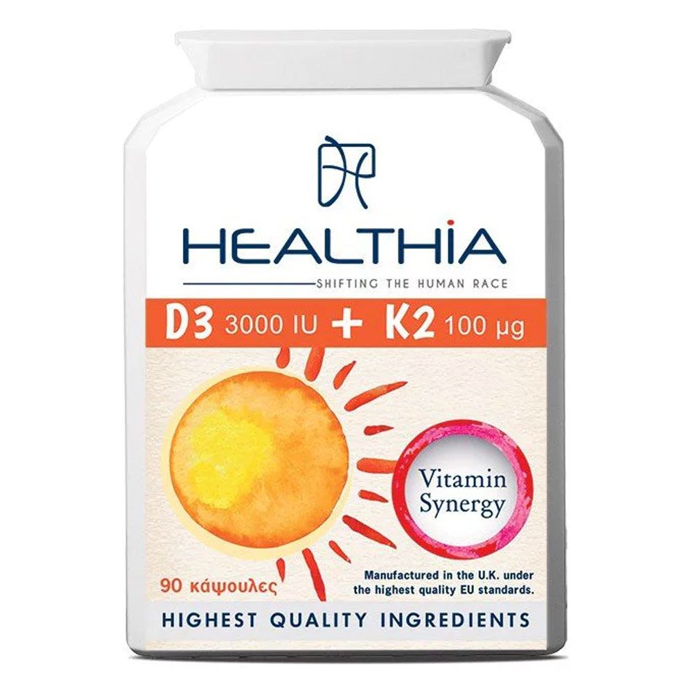 Healthia Vitamin D3 3000IU & K2 100mcg Συμπλήρωμα Διατροφής Για Οστά & Δόντια, 90 Κάψουλες