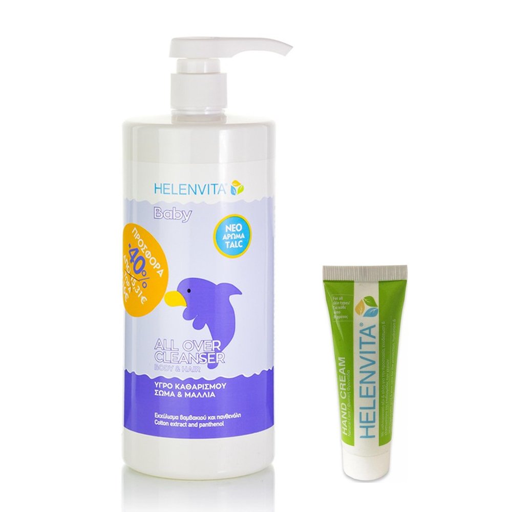 Helenvita Baby Promo All Over Cleanser Talc Βρεφικό Υγρό Καθαρισμού για Σώμα & Μαλλιά, 1000ml & Δώρο Helenvita Κρέμα Χεριών, 25ml