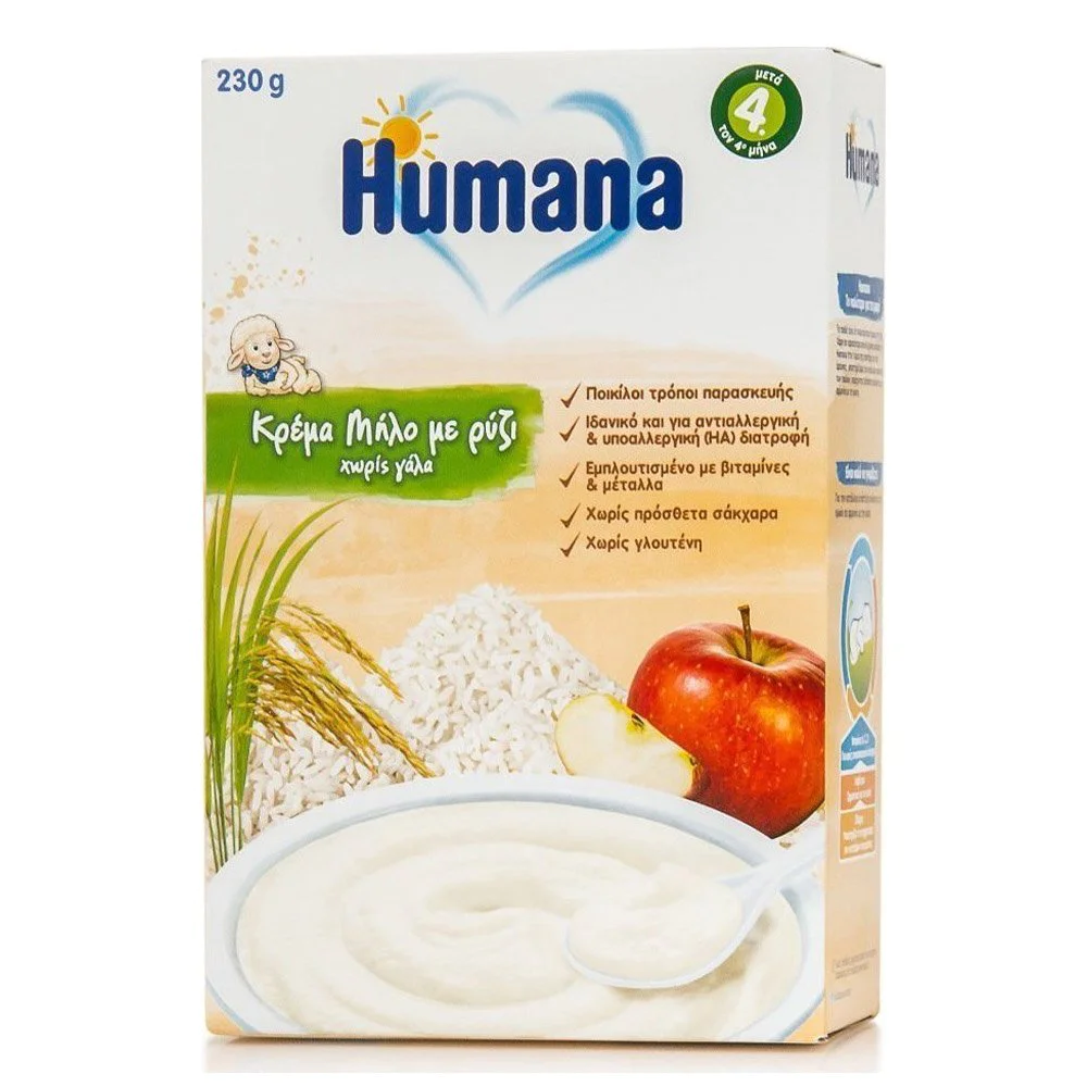Humana Βρεφική Κρέμα Μήλο με Ρύζι Χωρίς Γάλα 4m+, 230gr Humana Βρεφική Κρέμα Μήλο με Ρύζι Χωρίς Γάλα 4m+, 230gr