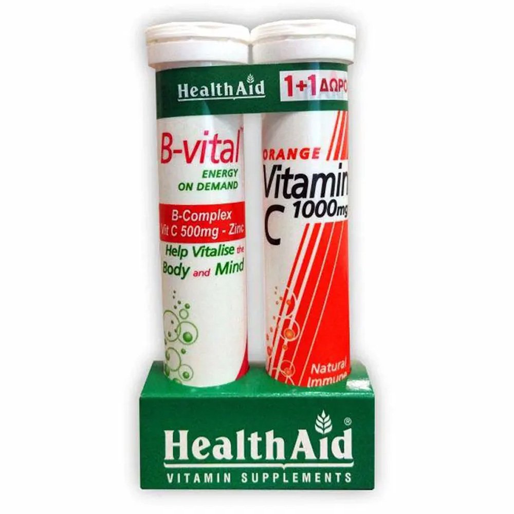 Health Aid B-Vital Σύμπλεγμα Βιταμινών Β, C & Μετάλλων & Vitamin C 1000mg Πορτοκάλι, 2x20 eff.tabs (1+1Δώρο)