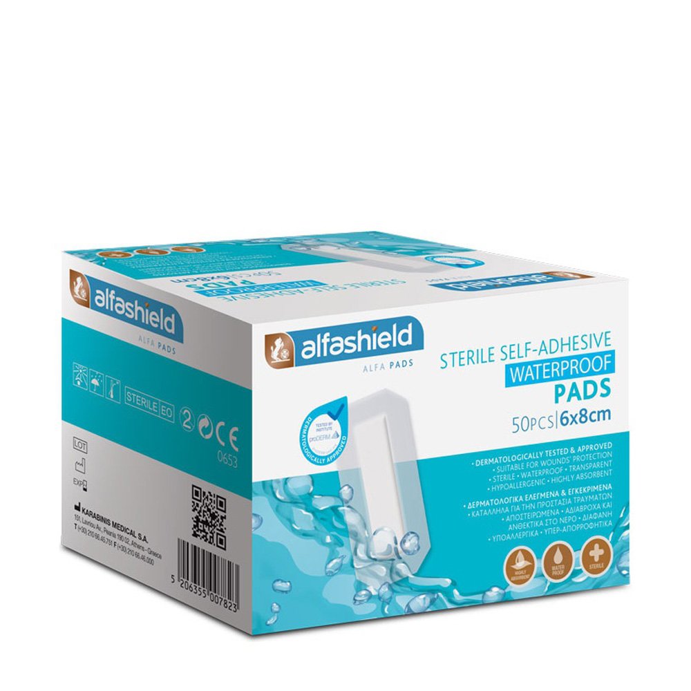Alfashield Sterile Self-Adhesive Waterproof Pads 6cm x 8cm, Αποστειρωμένα Αυτοκόλλητα Αδιάβροχα Επιθέματα, 50τμχ