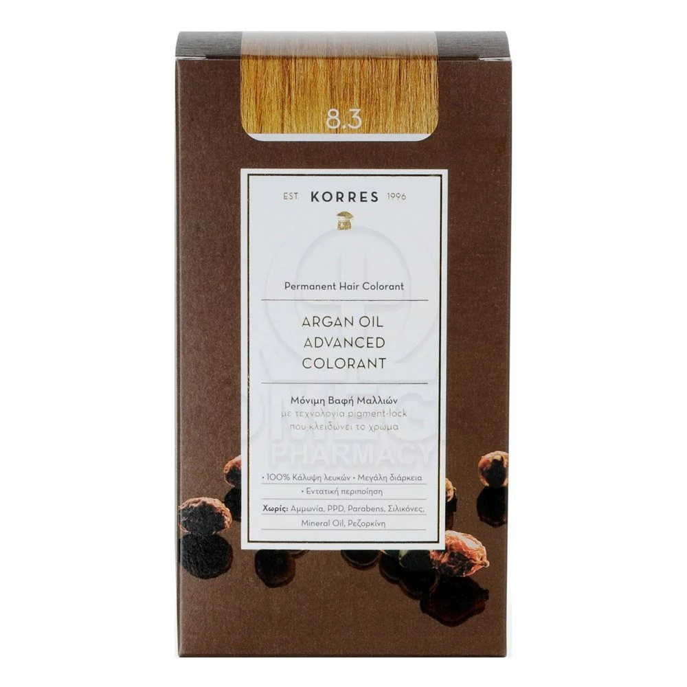 Korres Argan Oil Advanced Colorant Μόνιμη Βαφή Μαλλιών 8.3 Ξανθό Ανοικτό Χρυσό/Μελί, 50ml Korres Argan Oil Advanced Colorant Μόνιμη Βαφή Μαλλιών 8.3 Ξανθό Ανοικτό Χρυσό/Μελί, 50ml