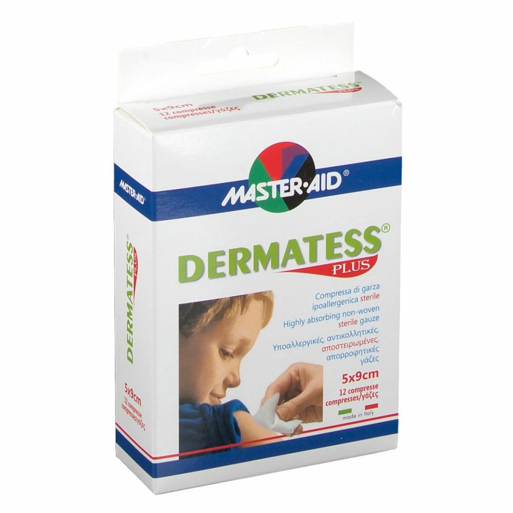 Master-Aid Dermatess Plus Αποστειρωμένες, Υποαλλεργικές, Αντικολλητικές Γάζες 5x9cm, 12τμχ