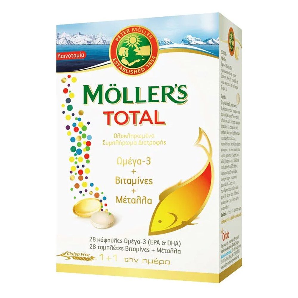 Moller's Total Συμπλήρωμα Διατροφής με Ωμέγα 3, Βιταμίνες & Μέταλλα Για Ολοκληρωμένη Τόνωση του Οργανισμού, 28+28caps