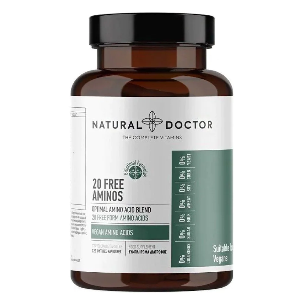 Natural Doctor 20 Free Aminos Vegan Amino Acids Συμπλήρωμα Διατροφής με 20 Φυτικά Αμινοξέα, 120 κάψουλες Natural Doctor 20 Free Aminos Vegan Amino Acids Συμπλήρωμα Διατροφής με 20 Φυτικά Αμινοξέα, 120 κάψουλες