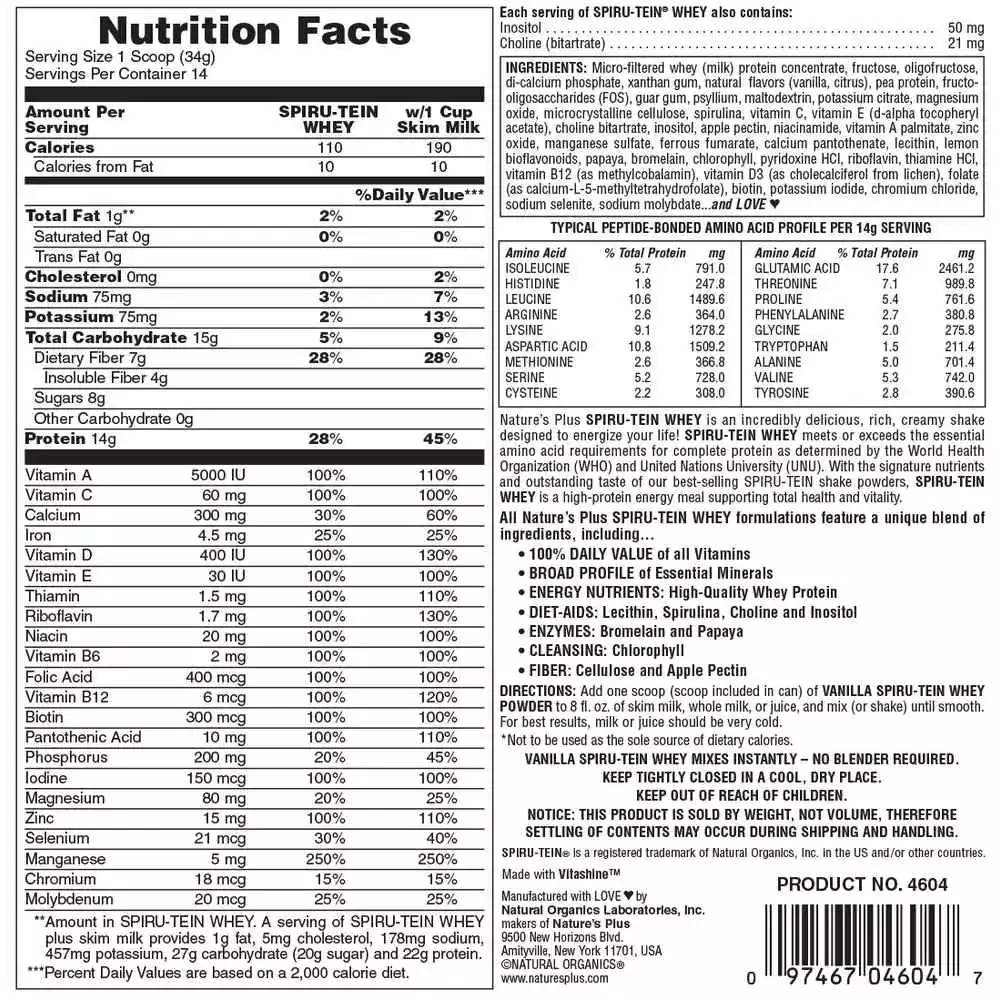 Natures Plus Spiru-Tein Whey Vanilla Ρόφημα Πρωτεΐνης με Βανίλια, 476 gr Natures Plus Spiru-Tein Whey Vanilla Ρόφημα Πρωτεΐνης με Βανίλια, 476 gr