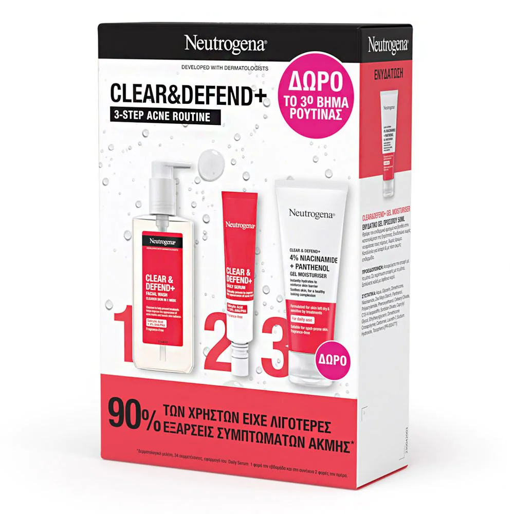 Neutrogena® Clear & Defend+ Limited Edition Promo Pack με Καθαριστικό Προσώπου για Αντιμετώπιση της Ακμής 200ml, Ορό Καθημερινής Χρήσης 30ml & Ενυδατικό Gel Προσώπου 50ml, 1σετ Neutrogena® Clear & Defend+ Limited Edition Promo Pack με Καθαριστικό Προσώπου για Αντιμετώπιση της Ακμής 200ml, Ορό Καθημερινής Χρήσης 30ml & Ενυδατικό Gel Προσώπου 50ml, 1σετ