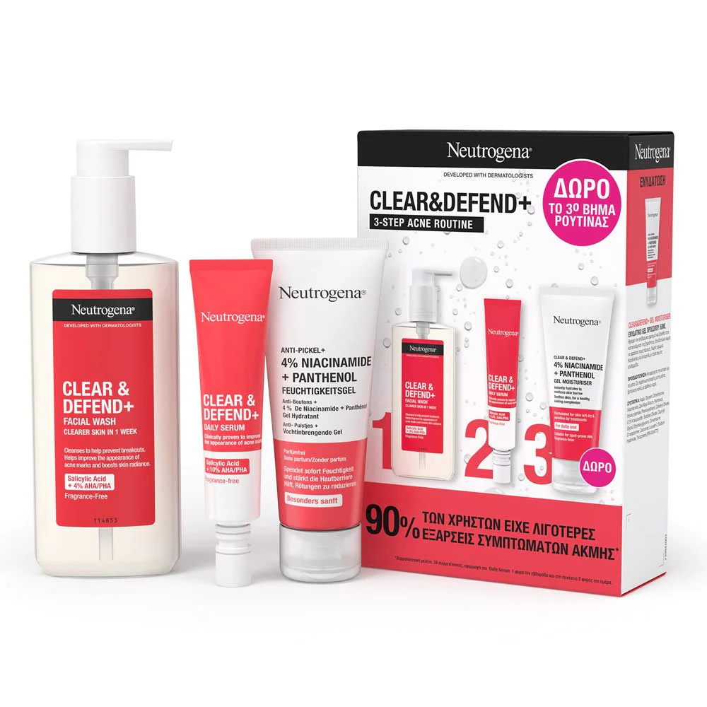 Neutrogena® Clear & Defend+ Limited Edition Promo Pack με Καθαριστικό Προσώπου για Αντιμετώπιση της Ακμής 200ml, Ορό Καθημερινής Χρήσης 30ml & Ενυδατικό Gel Προσώπου 50ml, 1σετ Neutrogena® Clear & Defend+ Limited Edition Promo Pack με Καθαριστικό Προσώπου για Αντιμετώπιση της Ακμής 200ml, Ορό Καθημερινής Χρήσης 30ml & Ενυδατικό Gel Προσώπου 50ml, 1σετ