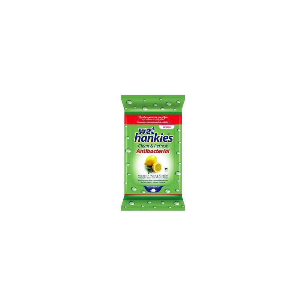 Wet Hankies Αντιβακτηριδιακά μαντήλια με άρωμα λεμόνι συσκ.15τεμ. Wet Hankies Αντιβακτηριδιακά μαντήλια με άρωμα λεμόνι συσκ.15τεμ.
