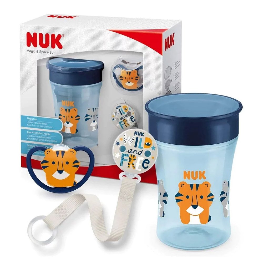 Nuk Magic Cup & Space Σετ Με Eκπαιδευτικό Mπλε Ποτήρι Λιοντάρι, 230ml & Κορδέλα & Πιπίλα Space 6+m